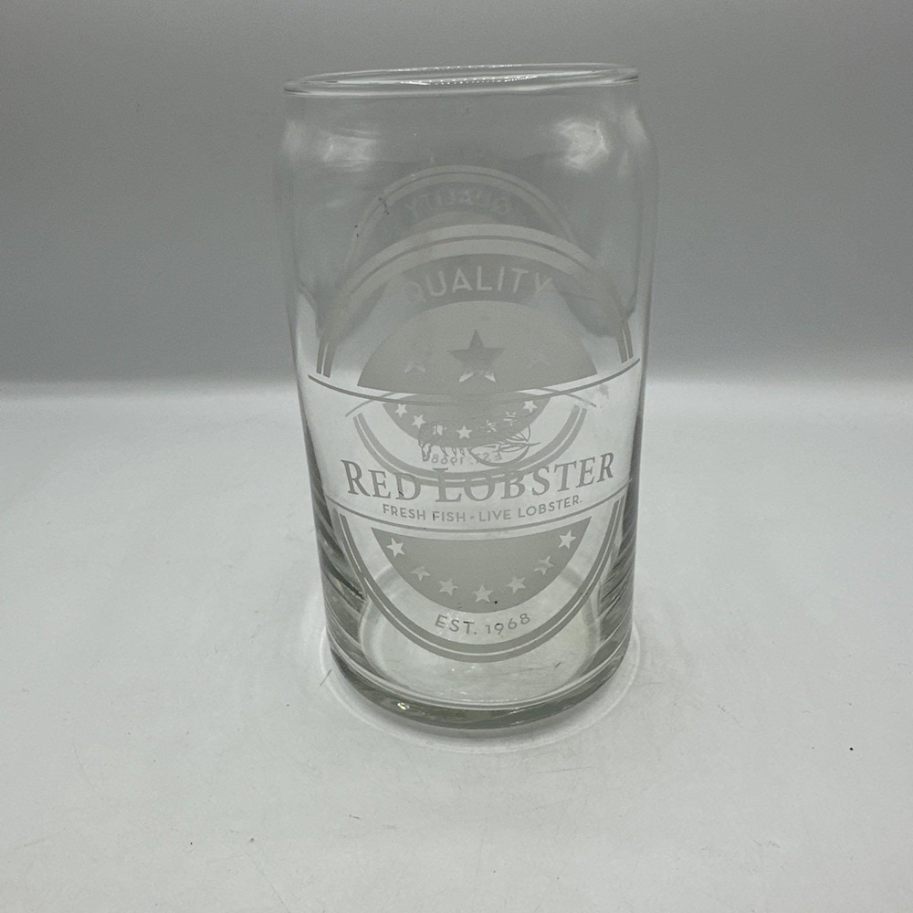 Red Lobster Restaurant Can Shaped 16 oz Etched Logo Cocktail Drinking Glass VTG
